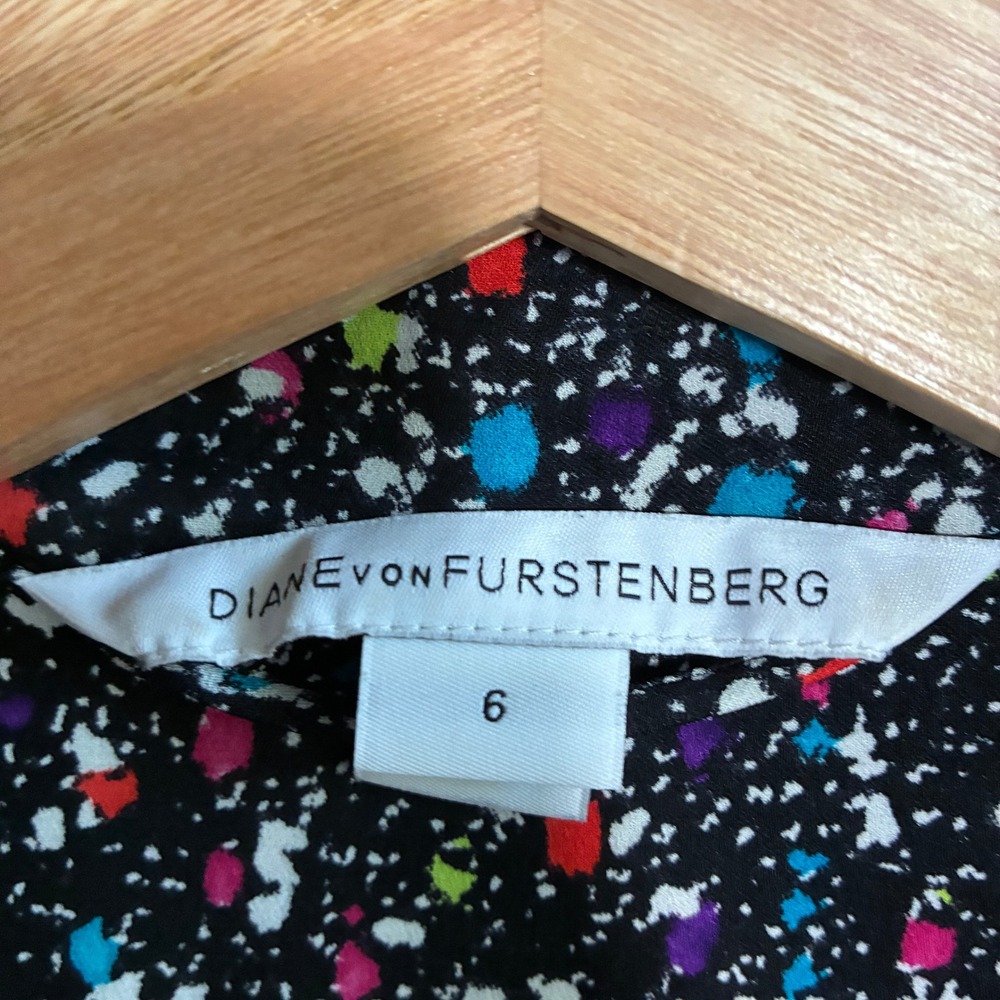 Diane von Furstenberg Silk Paint Splatter Wrap Dress 6 Black Multicolor Womens - Picture 7 of 14